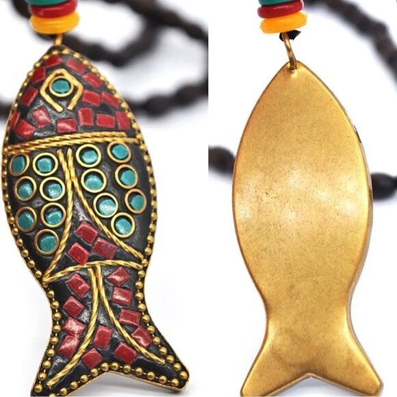 🐟 Vintage long wooden beaded attractive necklace 🐟 - Picture 3 of 4